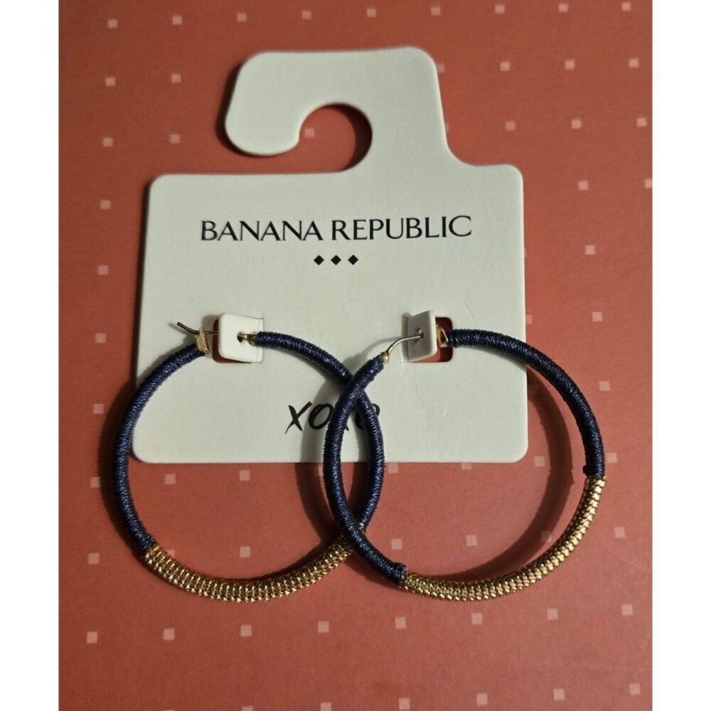 Banana Republic Navy & Gold Hoop Earrings Textured Design 2" hoop boho bling